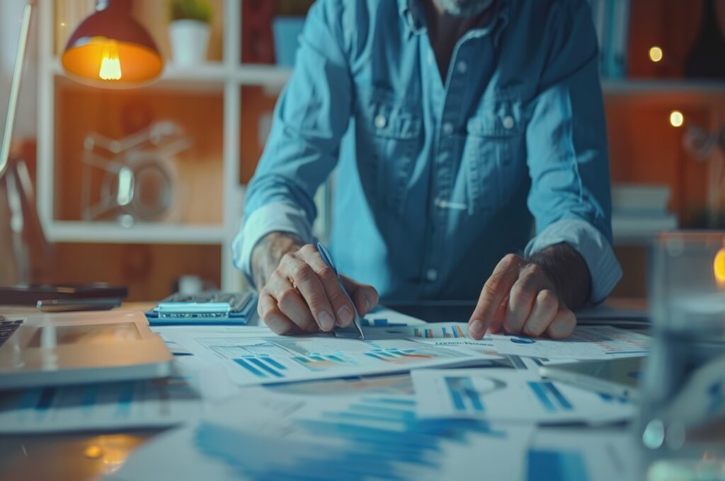 Empresário analisando gráficos financeiros sobre uma mesa de escritório à noite, representando planejamento e controle de fluxo de caixa.