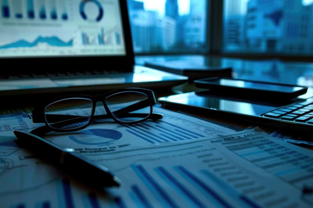 mesa de escritório com gráficos financeiros, óculos e notebook exibindo dashboards de fluxo de caixa, representando análise e controle financeiro empresarial