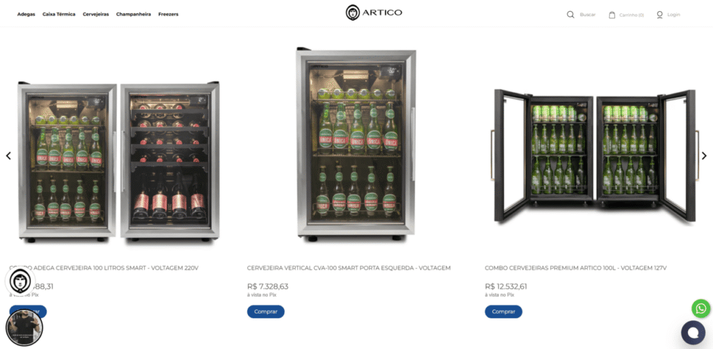 Página inicial do e-commerce da Ártico Refrigeração que reduziu em 77% os cancelamentos de pagamentos no seu e-commerce.
